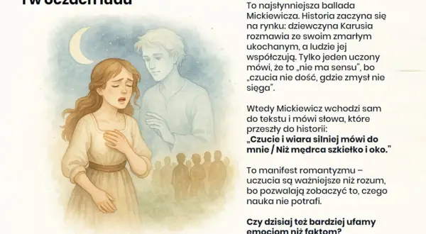 Ilustracja do ballady Mickiewicza "Romantyczność". Dziewczyna wpatrzona w księżyc, obok niej duch ukochanego.