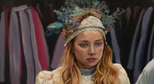 Portret młodej dziewczyny, Jagny, w wianku z jagód i liści. Jej niebieskie oczy patrzą w dół, a na twarzy maluje się zaduma.