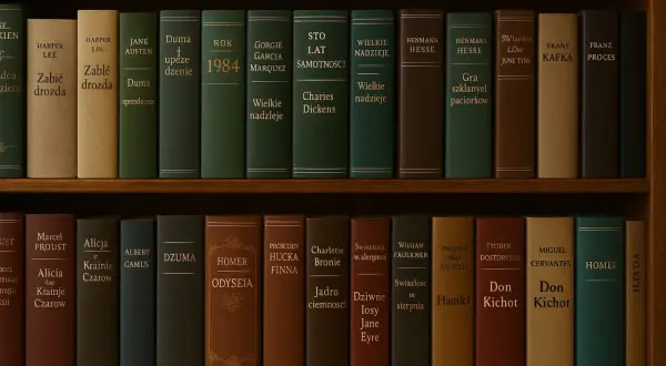 Na półkach regału stoją książki, tworząc kanon literatury światowej. Widać tytuły takie jak "Zabić drozda", "Rok 1984", "Sto lat samotności" i "Don Kichot".
