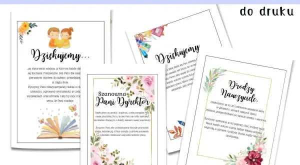 Fajne cytaty na podziękowanie dla nauczycieli i dyrekcji. Kartki z życzeniami i grafikami kwiatów, dzieci, książek.