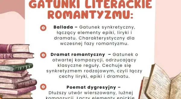 Gatunki literackie romantyzmu: ballada, dramat romantyczny, poemat dygresyjny. Obok stosy książek, jakby do nauki.