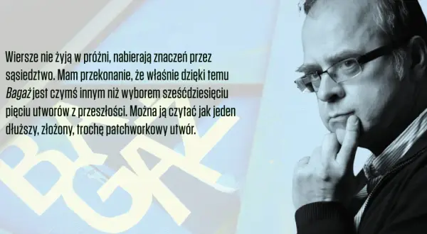 Mężczyzna w okularach zamyślony, obok tekst o poezji i jej liryce.