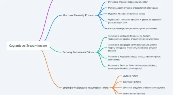 Mapa myśli o czytaniu ze zrozumieniem: definicja, kluczowe elementy procesu, poziomy rozumienia tekstu i strategie wspierające.