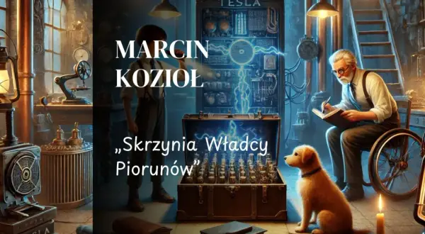 Marcin Kozioł i jego "Skrzynia Władcy Piorunów" w pracowni pełnej tajemnic. Stary wynalazca z psem przyglądają się niezwykłemu artefaktowi.
