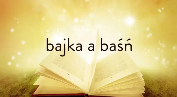 Otwarta księga, z której emanuje blask, symbolizuje cechy baśni. Słowa "bajka a baśń" unoszą się w magicznej poświacie.