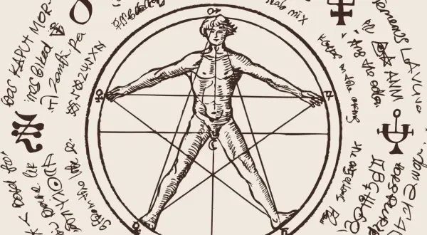 Człowiek witruwiański wpisany w okrąg i gwiazdę pięcioramienną (pentagram), otoczony tajemniczymi symbolami i pismem.