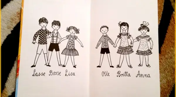 Ilustracja przedstawia dzieci z Bullerbyn: Lasse, Bosse, Lisa, Olle, Britta i Annę, trzymające się za ręce.