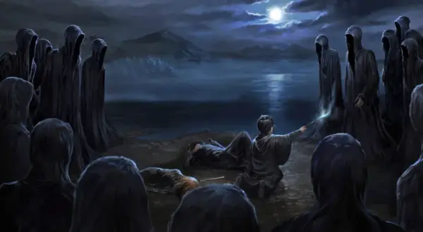 Nocna scena nad jeziorem, gdzie Harry Potter walczy z hordą dementorów.