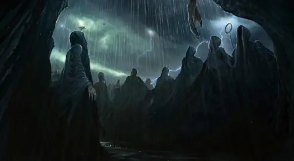 Mroczne postacie w kapturach, przypominające Dementorów z Azkabanu, stoją w deszczu pod burzowym niebem.
