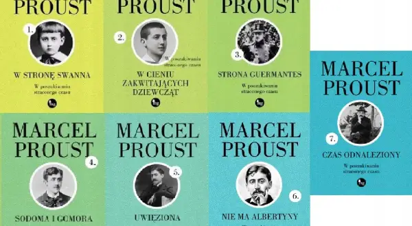 Kolekcja książek francuskiego pisarza Marcela Prousta, z jego portretami na okładkach.