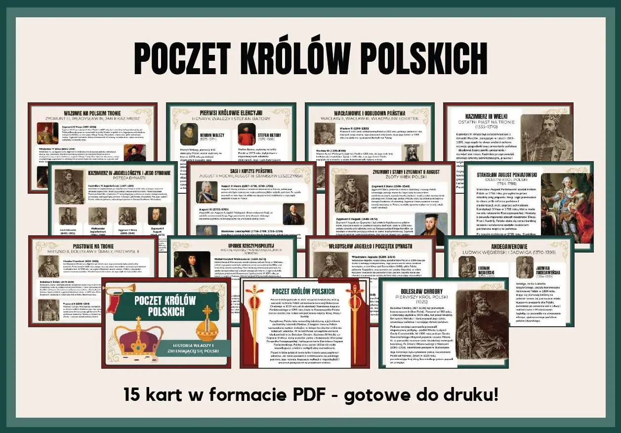 Poczet królów polskich: od Piastów po Poniatowskiego. Ilustrowana historia władców Polski, 15 kart PDF.