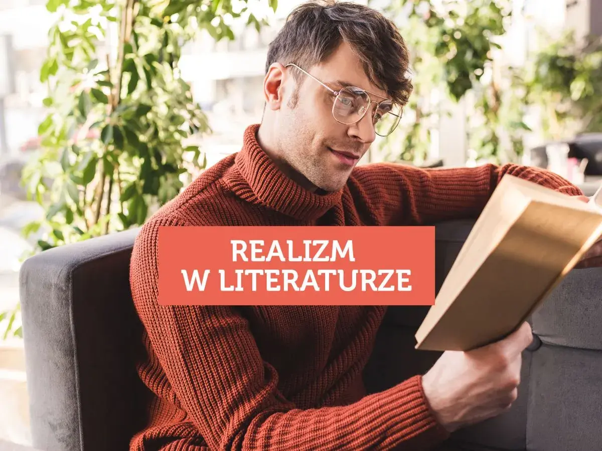 Mężczyzna w okularach czyta książkę o realizmie w literaturze.