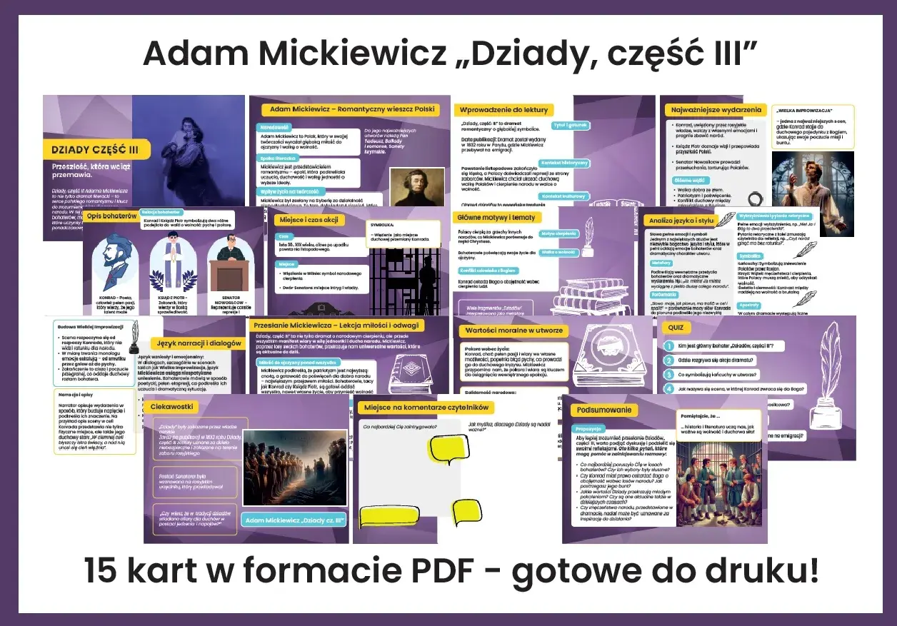 Dziady cz. III: Konrad, Ksiądz Piotr, Senator – bohaterowie dramatu Adama Mickiewicza. Ich losy odzwierciedlają walkę o wolność i cierpienie narodu.