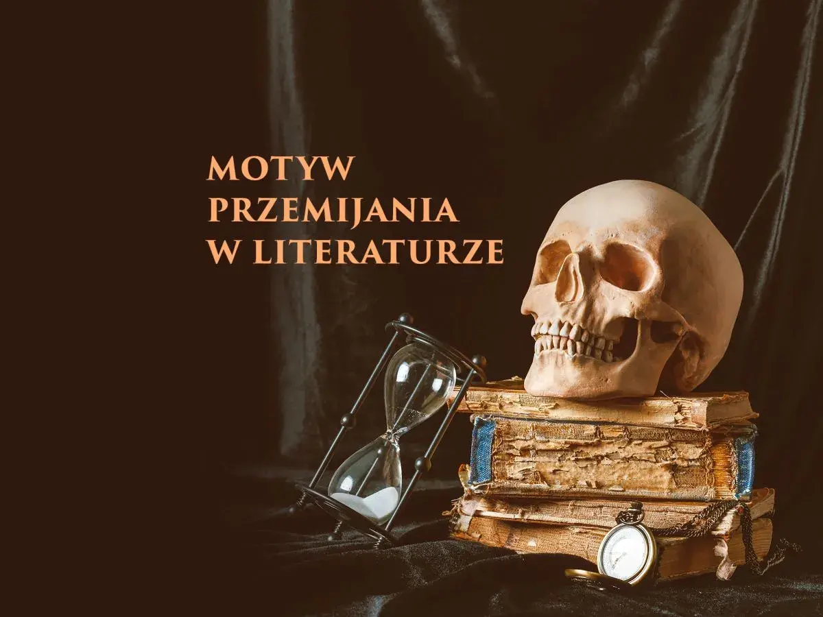 Czas ucieka, jak piasek w klepsydrze. Czaszka na zniszczonych księgach i zegarek kieszonkowy symbolizują motyw przemijania w literaturze.