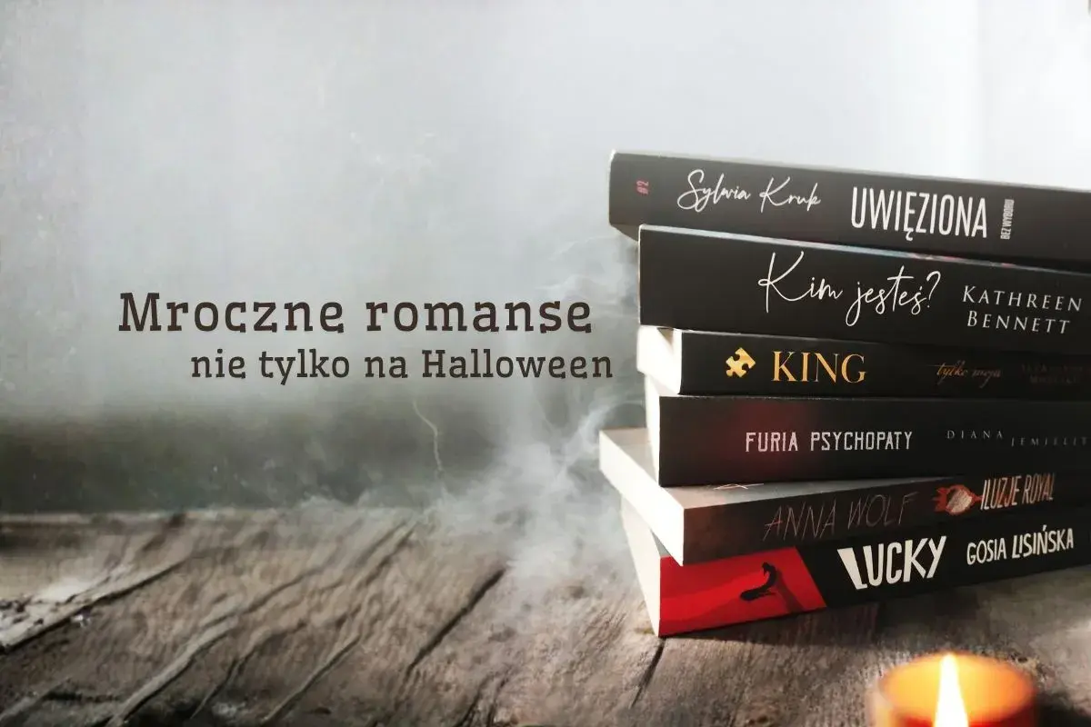 Stos czarnych książek z tytułami jak "Uwięziona" i "Furia Psychopaty" sugeruje mroczne romanse, idealne na jesienne wieczory.