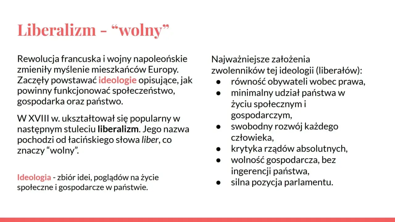 Liberalizm, czyli wolność, to ideologia z XVIII w. promująca równość, swobodny rozwój człowieka i wolność gospodarczą.
