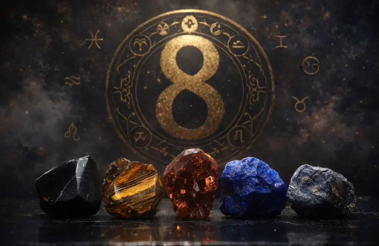 Pięć kryształów przed złotym znakiem nieskończoności i zodiaku. Symbolizuje to numerologiczną 8, moc i równowagę.