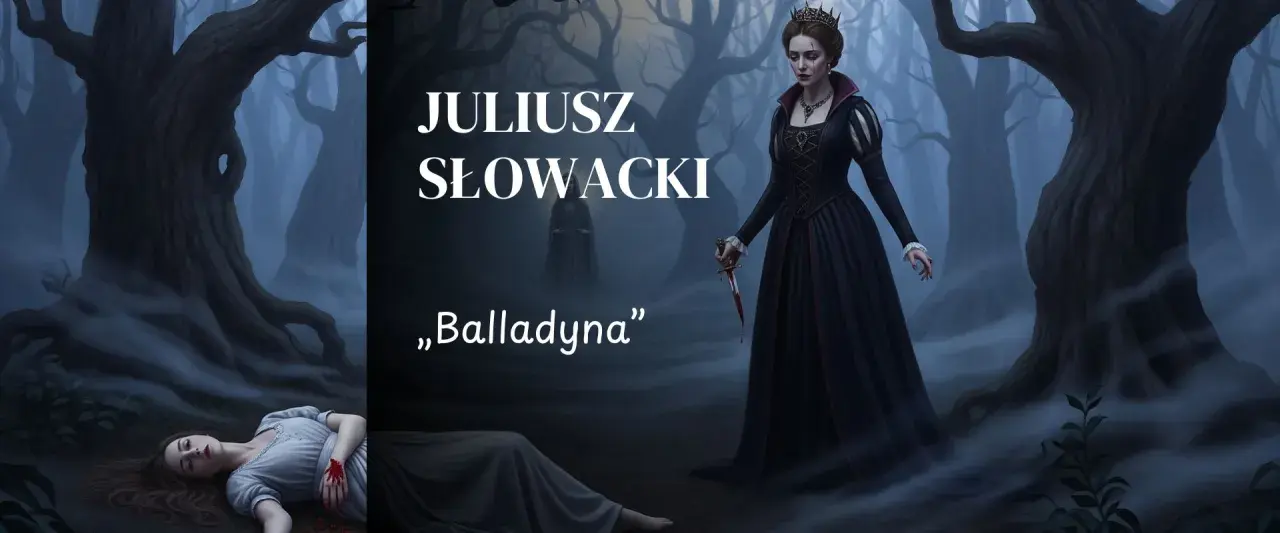 Balladyna, królowa z koroną i sztyletem, stoi nad martwą siostrą. Krótki opis tej tragedii.