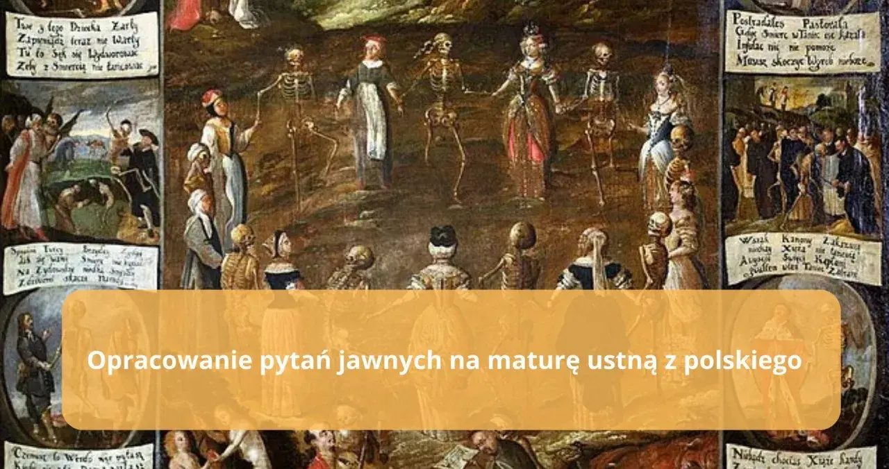 Obraz przedstawia taniec śmierci, danse macabre, gdzie szkielety prowadzą ludzi w tan.