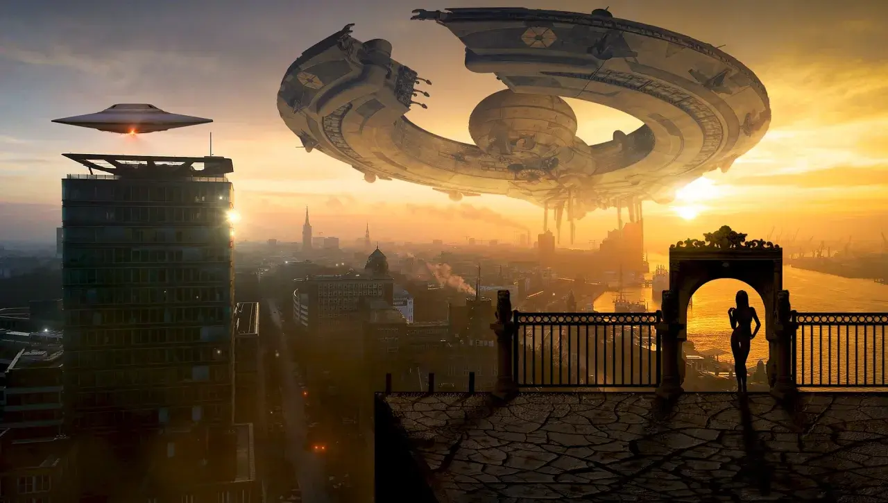 Widok na miasto z latającymi statkami kosmicznymi i sylwetką kobiety na balkonie. To obraz antyutopii, gdzie technologia dominuje nad ludzkością.