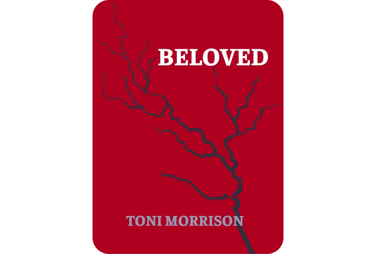 Okładka książki "Umiłowana" Toni Morrison z białym napisem i pęknięciami na czerwonym tle.