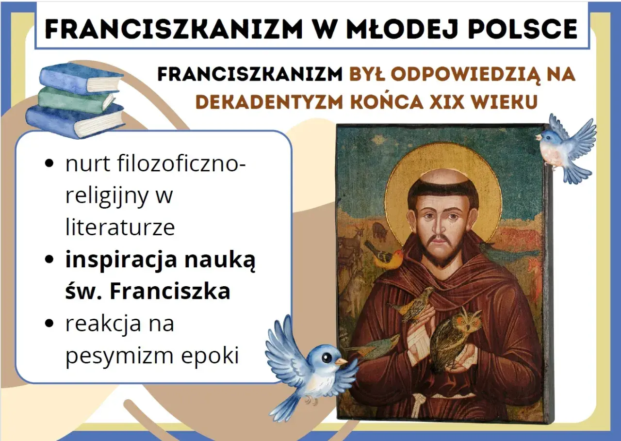 Franciszkianizm w Młodej Polsce: nurt filozoficzno-religijny, inspiracja nauką św. Franciszka, reakcja na pesymizm epoki. Obraz przedstawia św. Franciszka z ptakami.