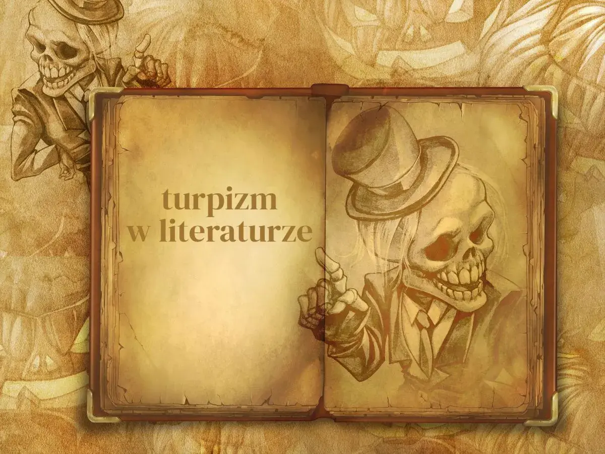 Otwarta księga z napisem "turpizm w literaturze". Po lewej szkic szkieletu w cylindrze, po prawej drugi szkielet w garniturze i cylindrze.