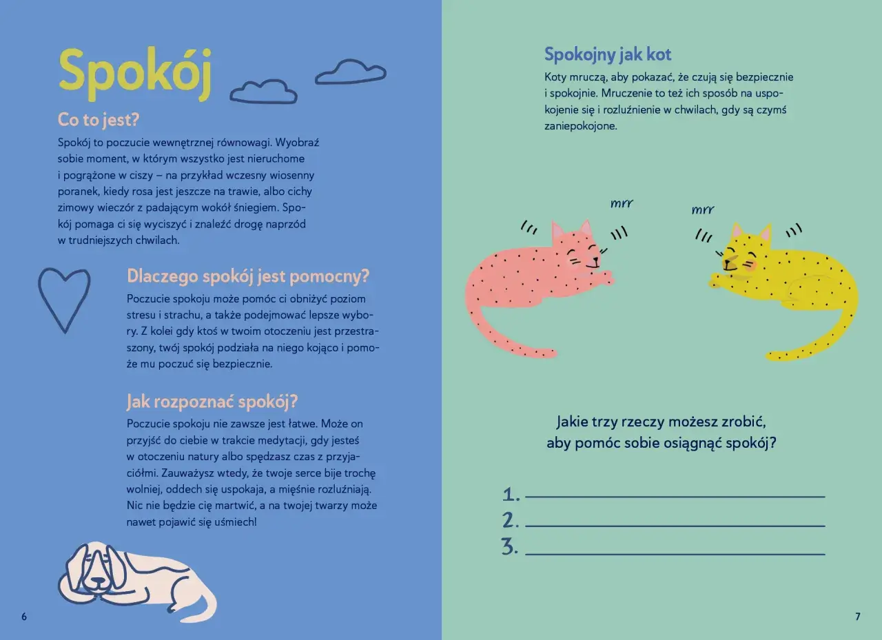 Pamflet o tym, co to spokój, jak go rozpoznać i dlaczego jest ważny. Ilustracje kotów mruczących dla spokoju.