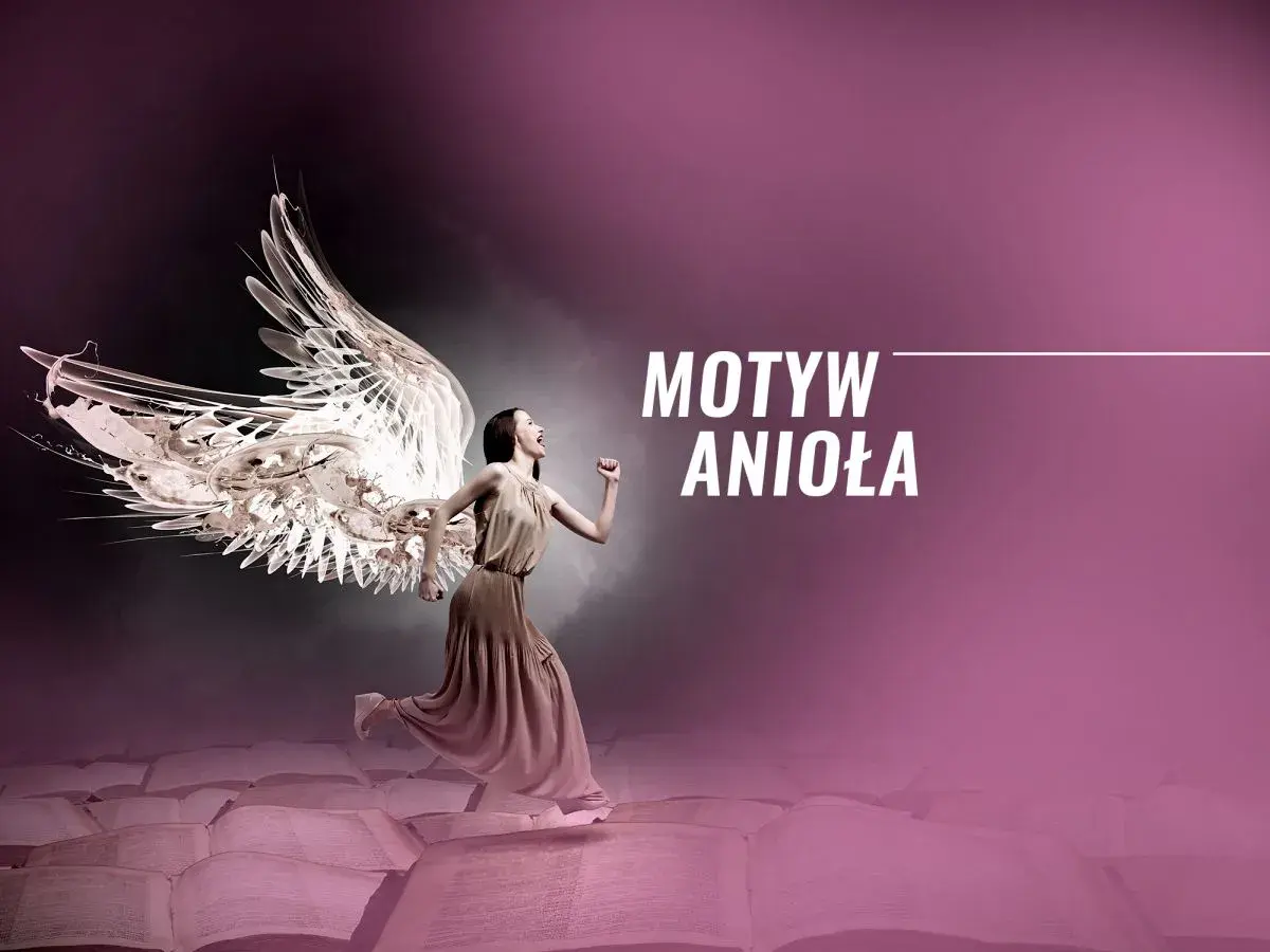 Kobieta z anielskimi skrzydłami biegnie po otwartych księgach. Napis "Motyw Anioła".