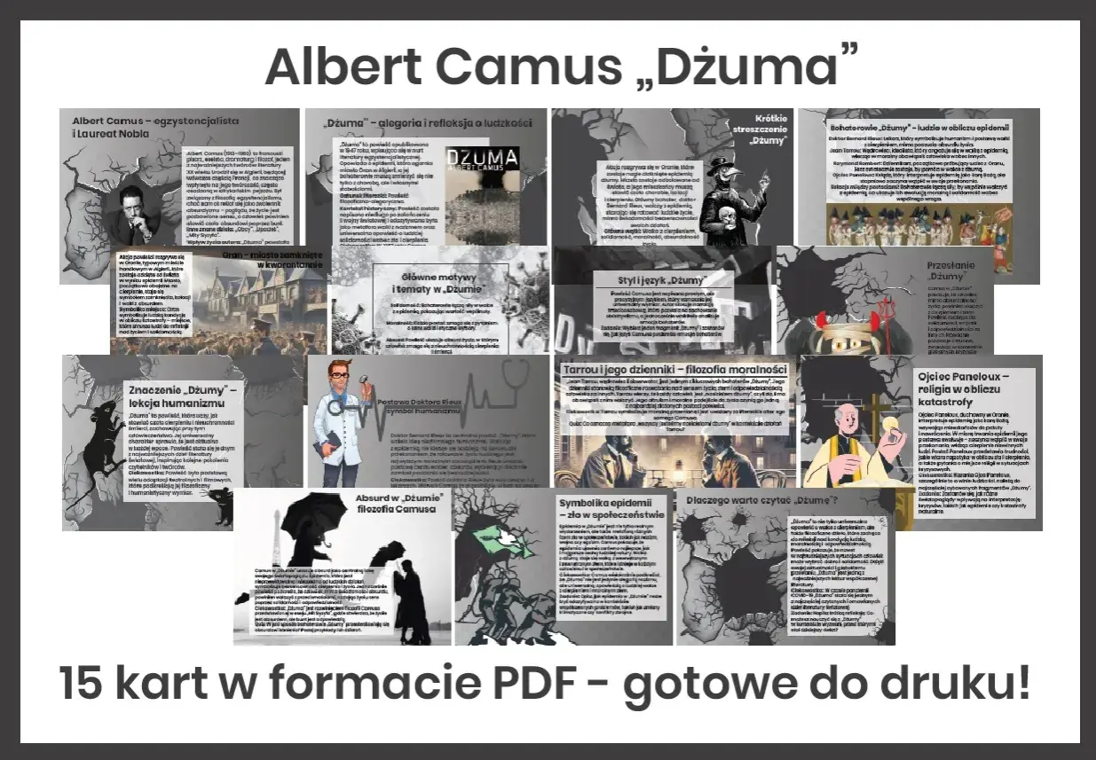 Bohaterowie „Dżumy” – ludzie w obliczu epidemii: doktor Rieux, Tarrou i inni. Ich postawy ukazują walkę z chorobą i ludzkie odruchy.