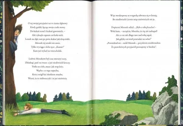Ilustracja do wierszy Adama Mickiewicza. Chłopiec leży na trawie, a nad nim wisi chłopiec na drzewie.