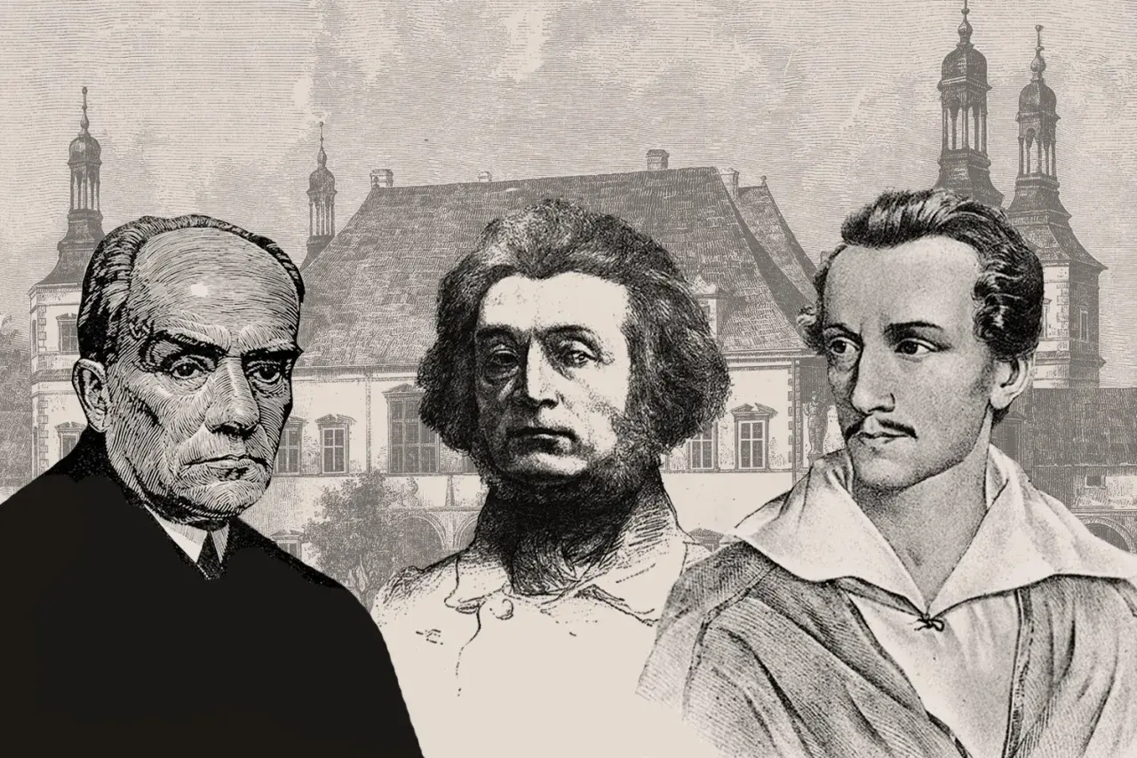 Portret Stefana Żeromskiego i dwóch innych postaci na tle zabytkowego budynku.