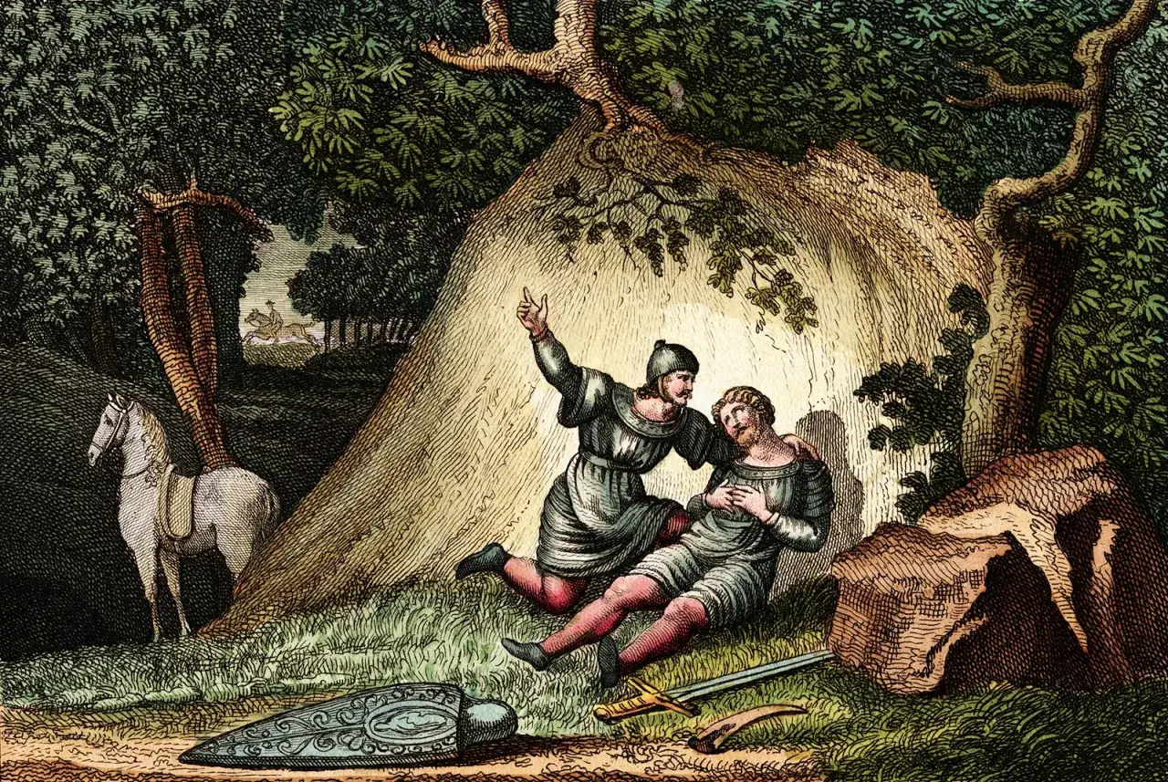 Rycerz pociesza rannego towarzysza. Scena nawiązuje do "Pieśni o Rolandzie", streszczenie epopei.