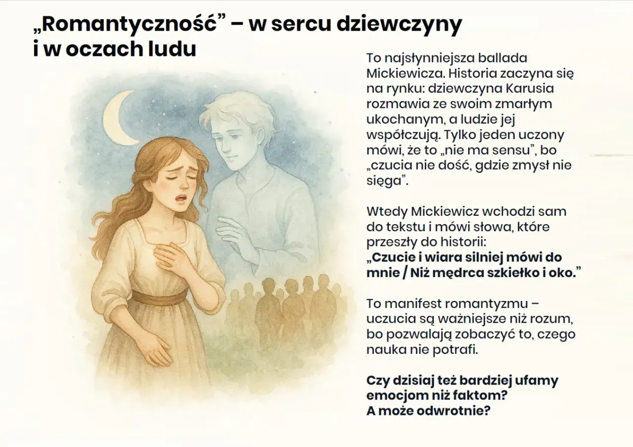 Ilustracja do ballady Mickiewicza "Romantyczność". Dziewczyna wpatrzona w księżyc, obok niej duch ukochanego.