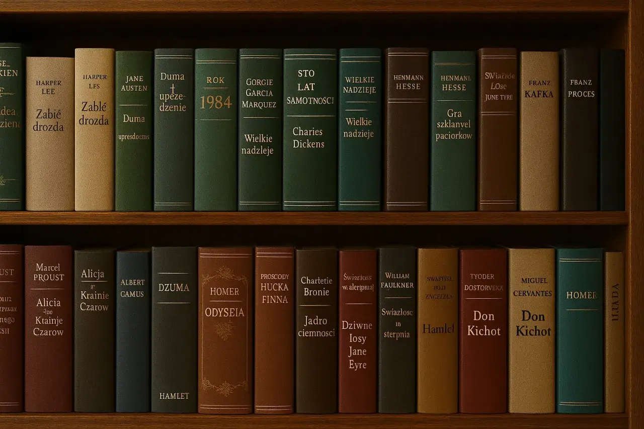 Na półkach regału stoją książki, tworząc kanon literatury światowej. Widać tytuły takie jak "Zabić drozda", "Rok 1984", "Sto lat samotności" i "Don Kichot".