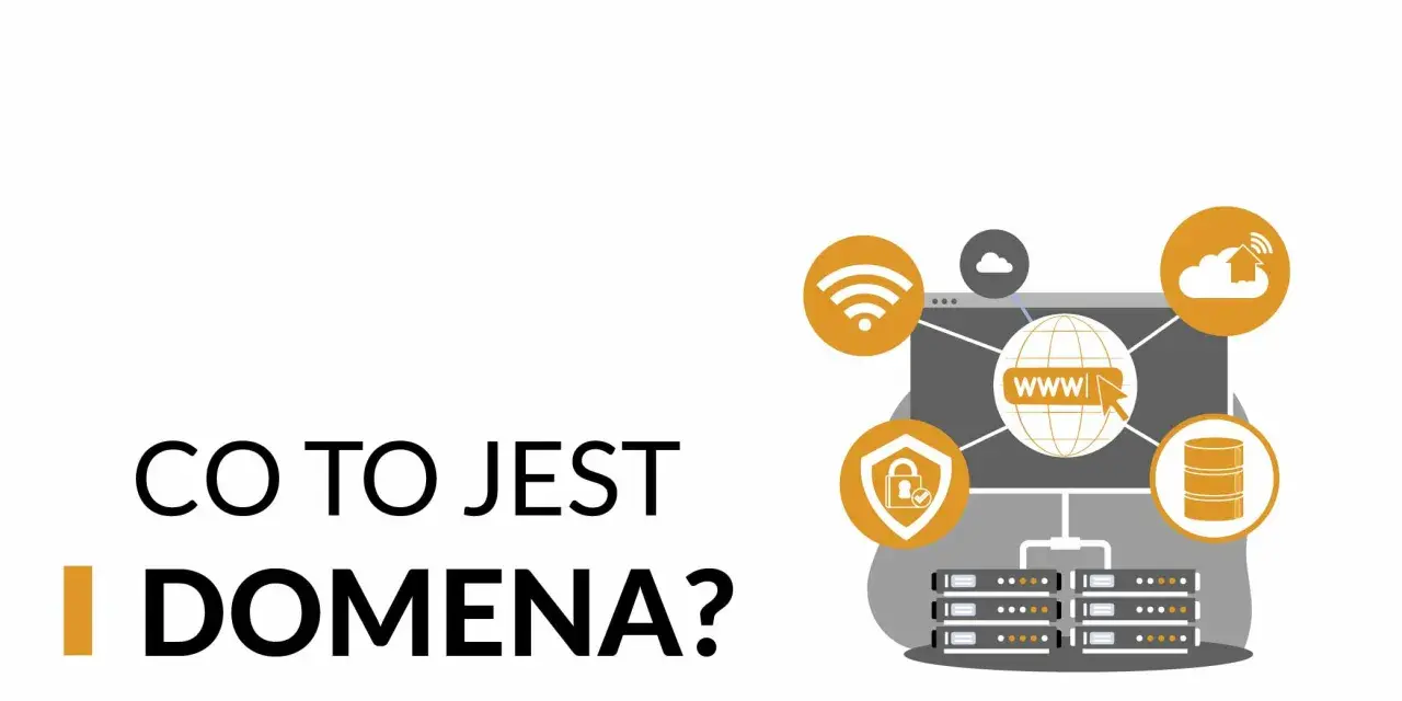 Grafika wyjaśnia, co to jest mobi i domena. Ikony symbolizują sieć, bezpieczeństwo, chmurę i serwery.