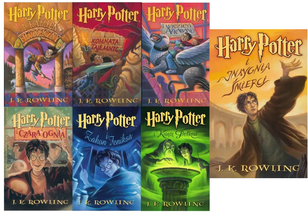 Kolejne harry potter części: Kamień Filozoficzny, Komnata Tajemnic, Więzień Azkabanu, Czara Ognia, Zakon Feniksa, Książę Półkrwi, Insygnia Śmierci.