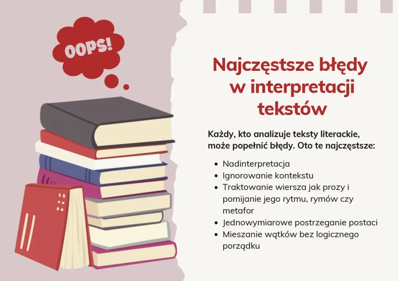 Stos książek, z których jedna ma chmurkę z napisem "OOPS!". Ilustracja przedstawia typowe błędy w interpretacji tekstów, co jest ważnym atrybutem analizy literackiej.