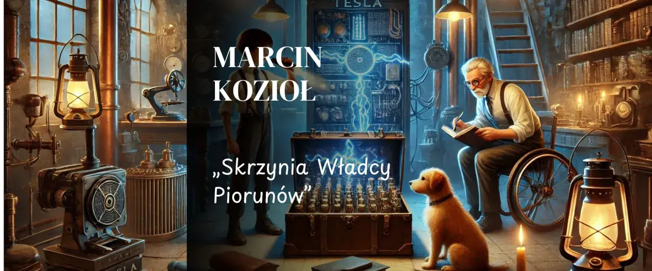 Marcin Kozioł i jego "Skrzynia Władcy Piorunów" w pracowni pełnej tajemnic. Stary wynalazca z psem przyglądają się niezwykłemu artefaktowi.