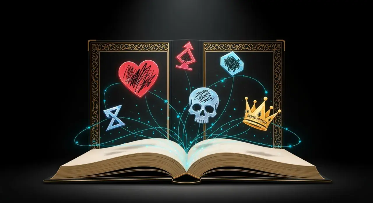 Otwarta księga emanuje magią, z symbolami serca, czaszki, korony i runami tworzącymi magiczny totem.