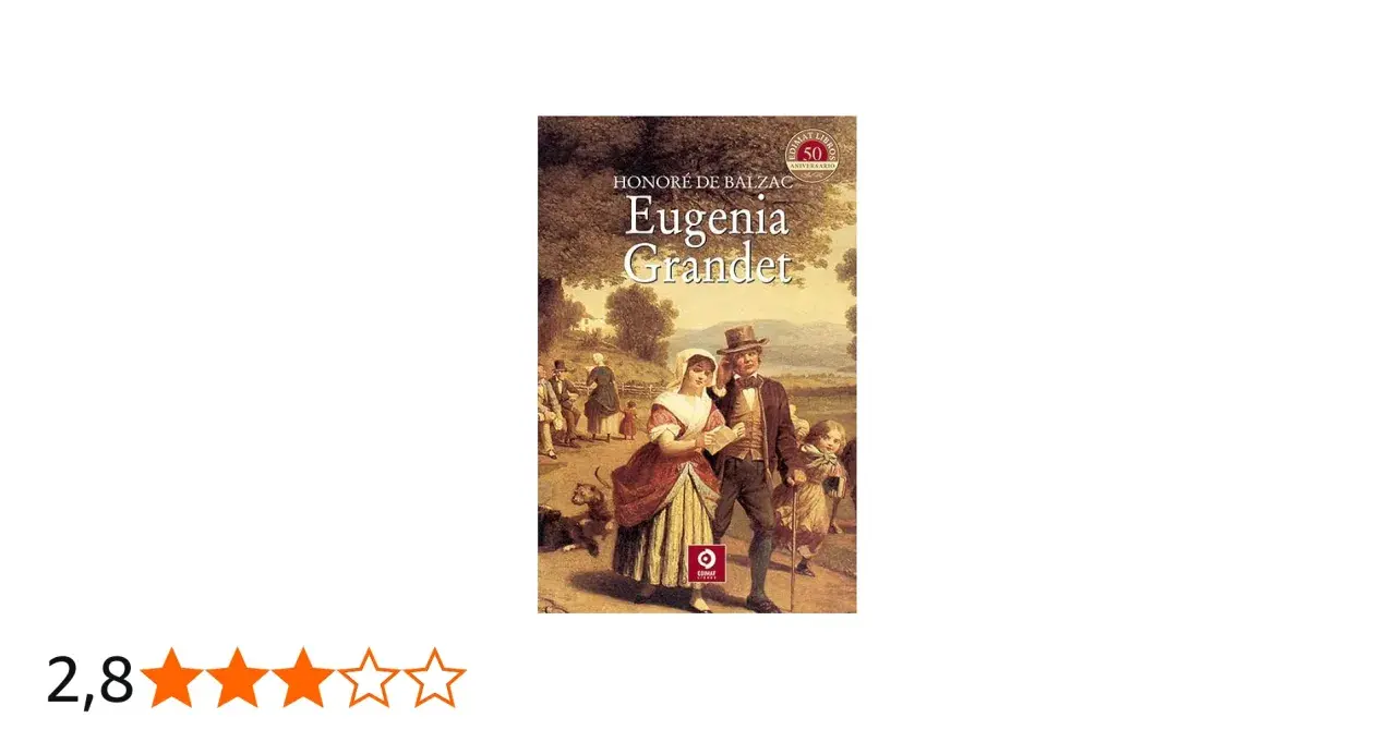 Okładka książki "Eugenia Grandet" Honore de Balzaca. Para w strojach z epoki spaceruje po wsi z dziećmi i psem.