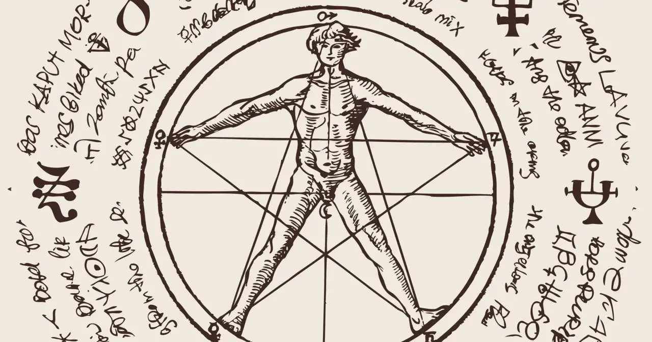 Człowiek witruwiański wpisany w okrąg i gwiazdę pięcioramienną (pentagram), otoczony tajemniczymi symbolami i pismem.
