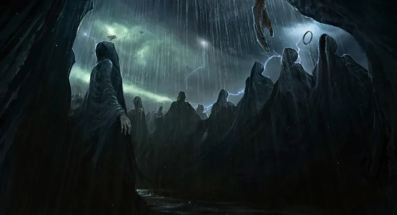 Mroczne postacie w kapturach, przypominające Dementorów z Azkabanu, stoją w deszczu pod burzowym niebem.