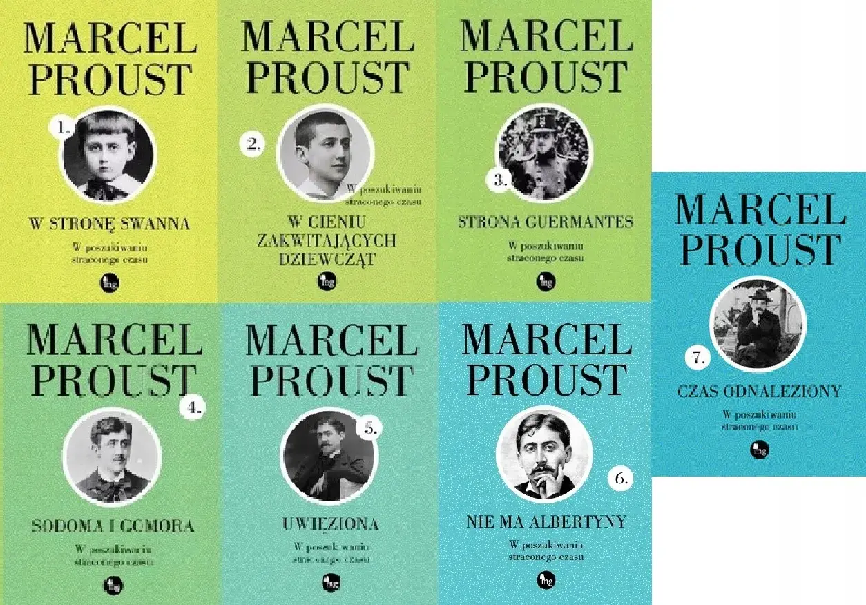 Kolekcja książek francuskiego pisarza Marcela Prousta, z jego portretami na okładkach.