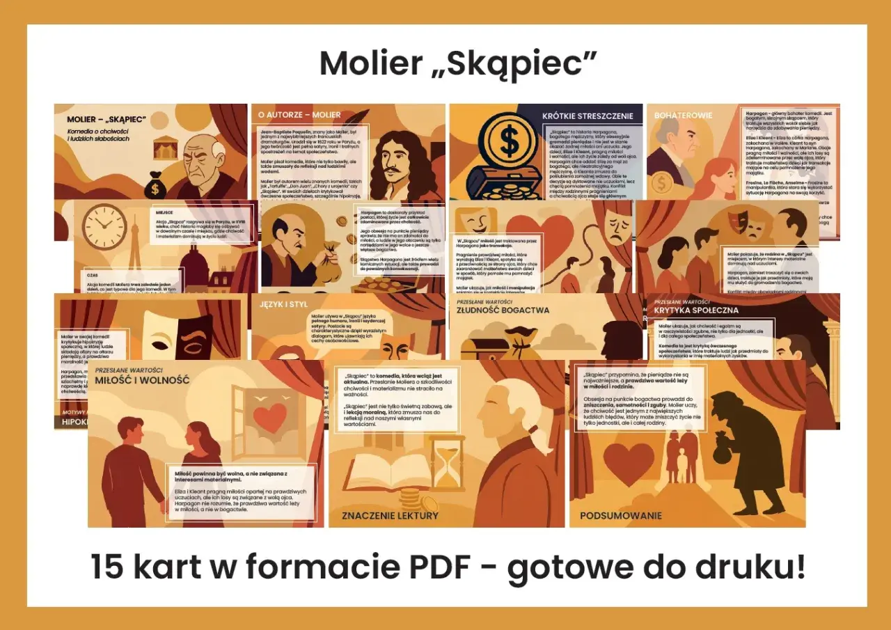 Skąpiec bohaterowie: Harpagon, jego dzieci Eliza i Kleant, oraz ich otoczenie. Komedia Moliera ukazuje zgubne skutki chciwości i materializmu.