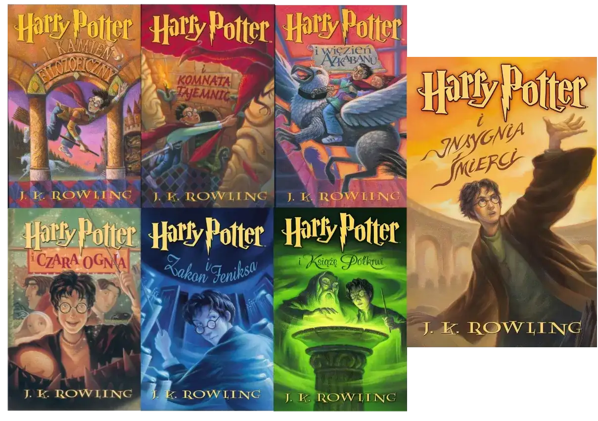 Kolejne harry potter części: Kamień Filozoficzny, Komnata Tajemnic, Więzień Azkabanu, Czara Ognia, Zakon Feniksa, Książę Półkrwi, Insygnia Śmierci.