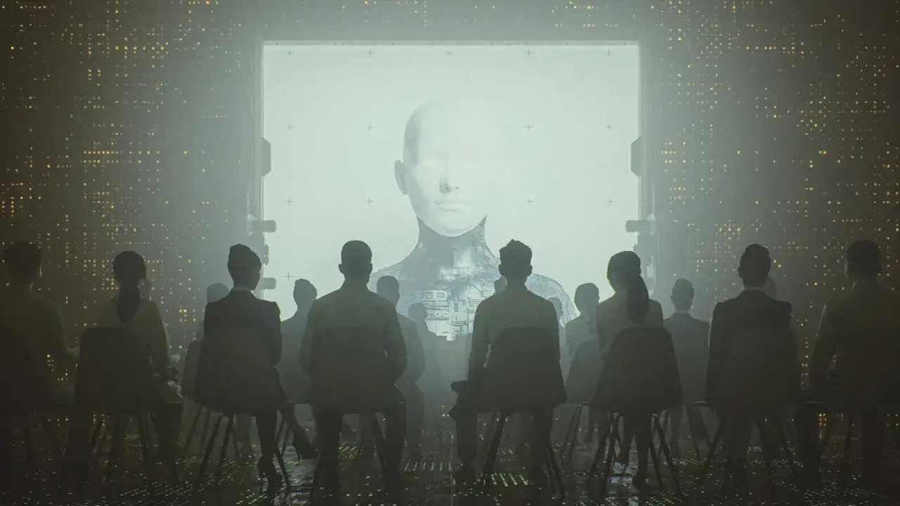 Widownia wpatrzona w ekran z androidem, symbolizującym przyszłość pełną technologii i niepokojącą dystopię.