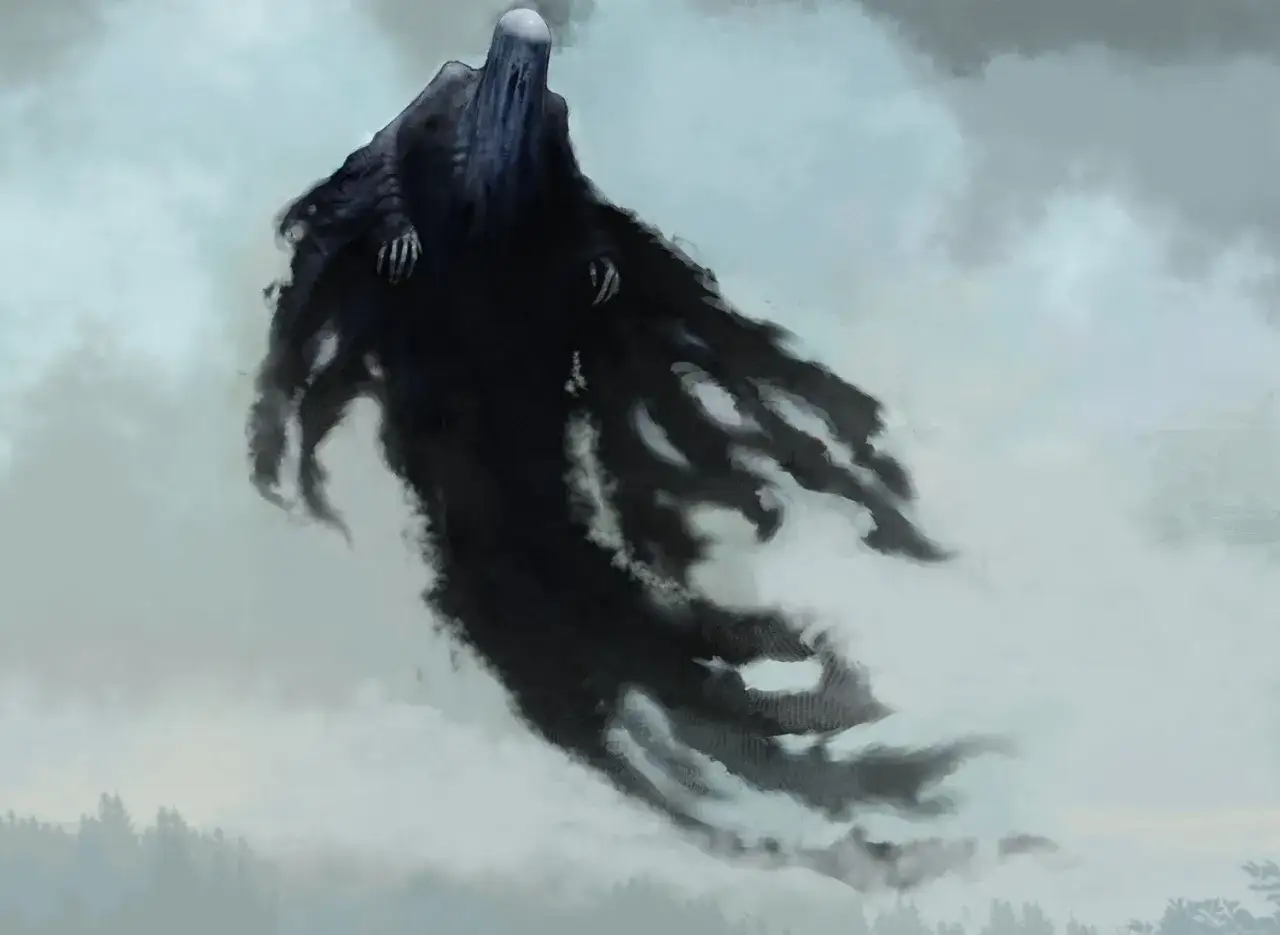 Mroczny dementor unosi się w mglistym niebie, jego czarna szata rozwiewa się jak dym.