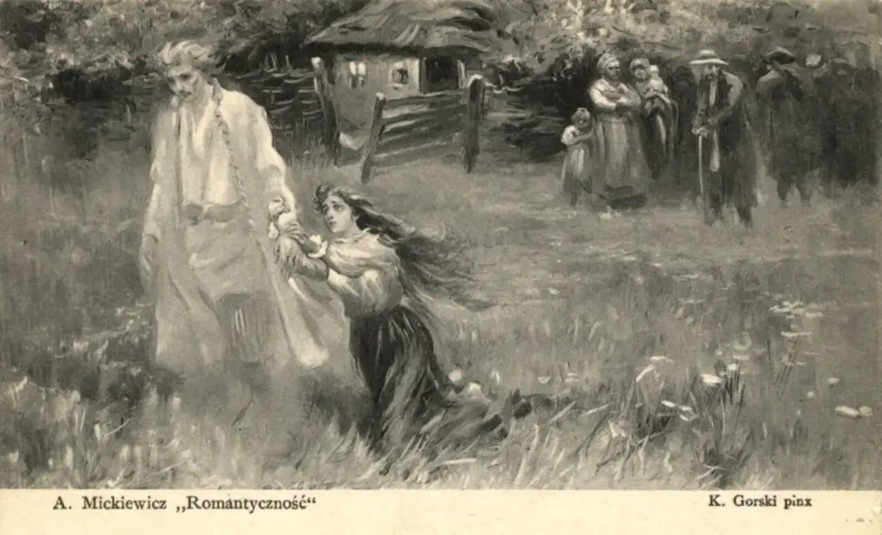 Scena z balladą: dziewczyna błaga o pomoc tajemniczą postać, w tle chata i wieśniacy. Tajemnica i ludowość to cechy ballady.