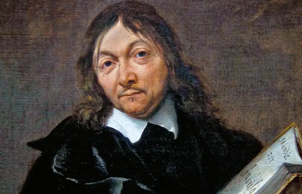 Portret mężczyzny w czarnym stroju z białym kołnierzem, trzymającego księgę. Jego spojrzenie sugeruje głębokie przemyślenia, uosabiając racjonalizm.